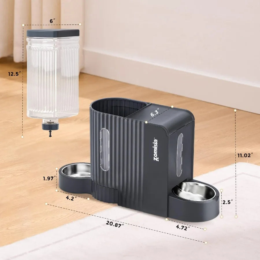 2 in 1 Automatic Gravity Cat Feeder and Water Dispenser with 304 Stainless Steel Bowls 180 Degree Rotatable Water Bowl for Cont