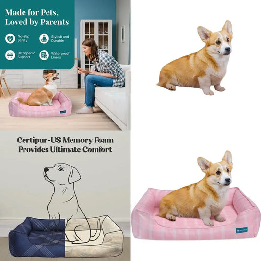 Medium Pink Orthopedic Dog Bed with CertiPUR-US Foam, Recycled Fabric, Washable Cover & Anti-Slip Base