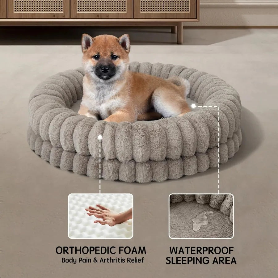 Luxury Donut Dog Bed 30 Inches Round Dog Bed Medium Size Dogs Washable Orthopedic Calming Dogs Bed for Pets with AntiSlip Botto