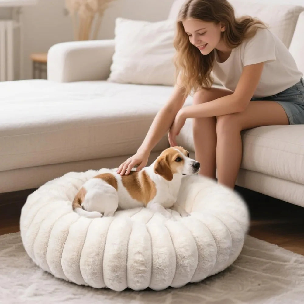 Calming Donut Dog Cat Bed, Anti-Anxiety Fluffy Warm Cozy Round Puppy Bed, Fuzzy Comfort Plush Pet Beds for Small Medium Dogs & C