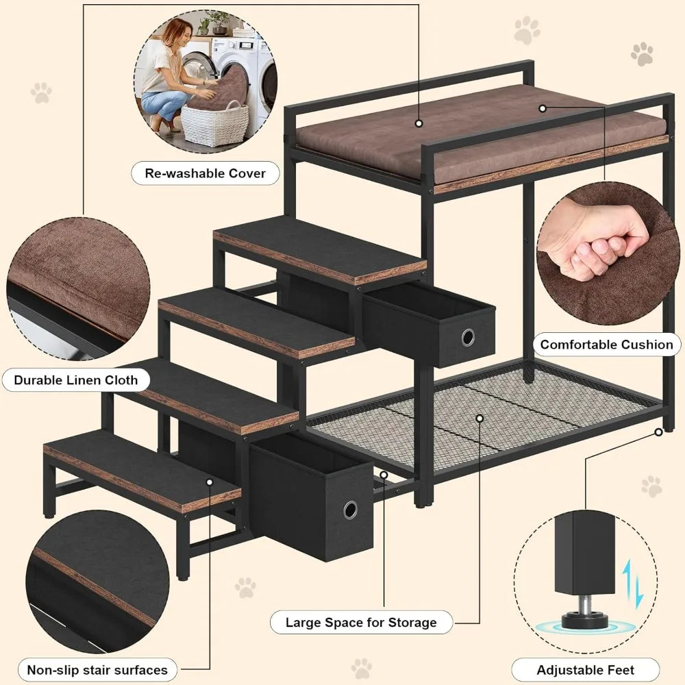 dual-level pet bunk bed with detachable stairs, storage drawers, and window perch for dogs and cats