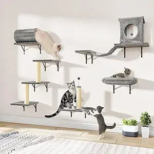 7-in-1 Wall Mounted Cat Climber Set, Cat Furniture Set with House, Bridge, Tree, Steps, Scratcher, DIY Playground, Shelves for