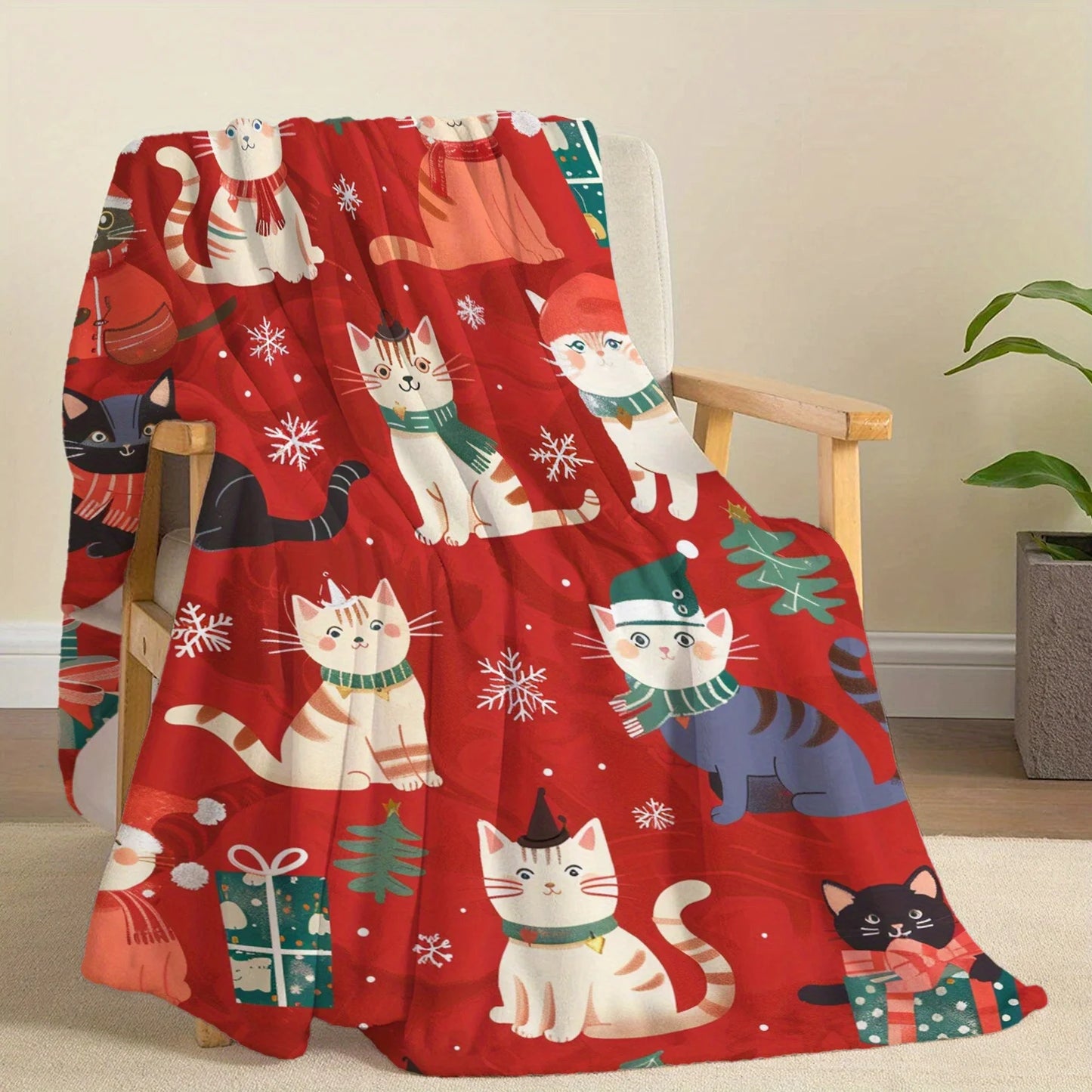 1pc Christmas Cats Flannel Throw Blanket, Soft Polyester, Contemporary Style, Digital Print, Lightweight, All-Season, for Bed