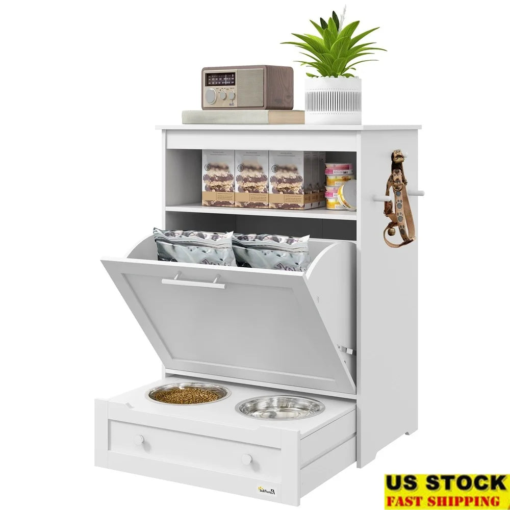 Pet Feeder Station Storage Cabinet with Raised Bowls Hanger Dog Food Toys Leashes Easy Clean Pet Supplies Organizer