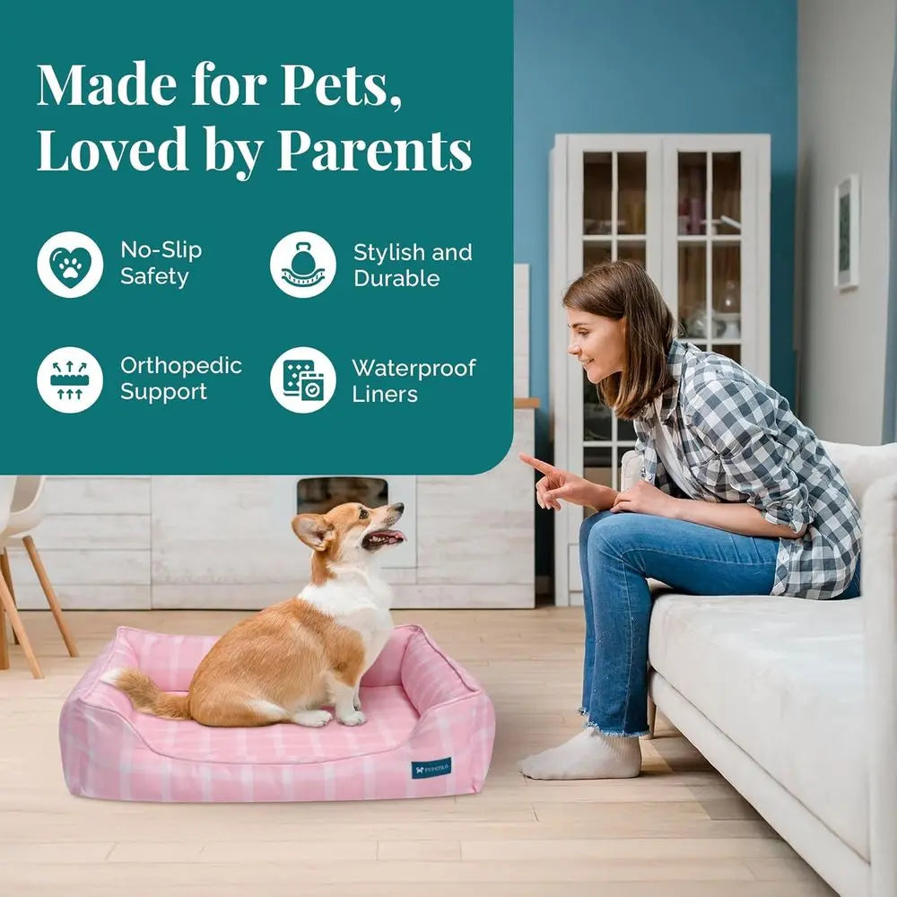 Eco-Friendly Orthopedic Dog Bed - CertiPUR-US Foam, Recycled Fabric, Washable, Anti-Slip, Large Pink - Designer Pet Sofa
