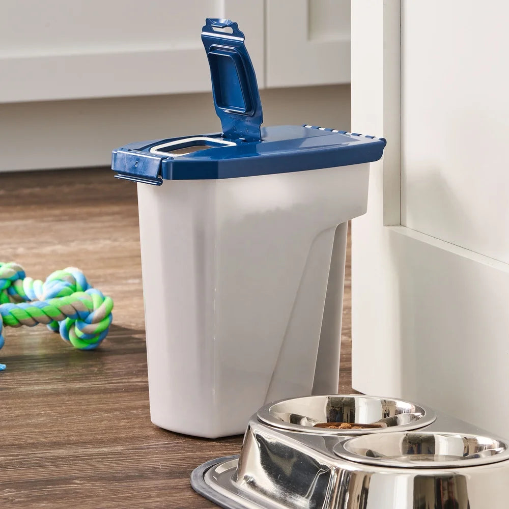 Extra-Large Plastic Pet Food Storage Container with Locking Lid Roller Wheels Bug Moisture Resistant Food Safe 50 lb Capacity