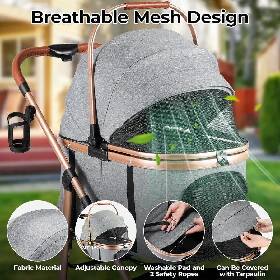 Foldable 4 Wheels Pet Stroller for Small Medium Dogs Cats up to 55lbs 3in1 Dog Stroller Detachable Carrier and OneClick Folding