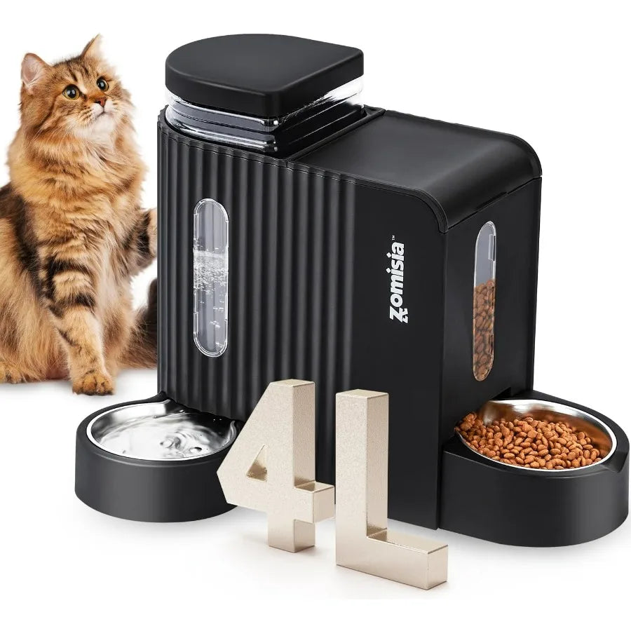 2 in 1 Automatic Gravity Cat Feeder and Water Dispenser with 304 Stainless Steel Bowls 180 Degree Rotatable Water Bowl for Cont