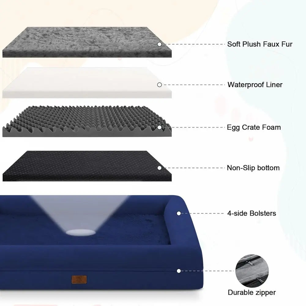 Large Dog Orthopedic Waterproof Bed with Removable, Washable Bolster and Non-Slip Base, Blue