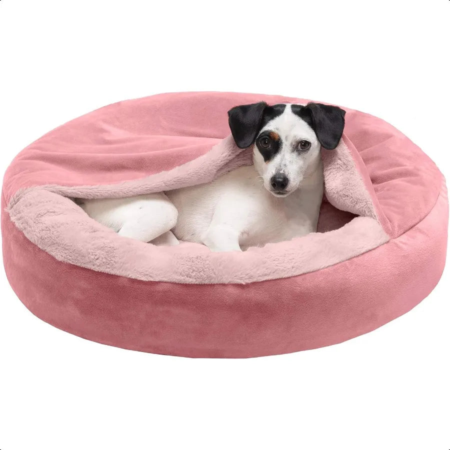 24 Round Calming Donut Dog Bed for Indoor Cats Small Dogs Washable For Dogs Up to 20 lbs Plush Veet Waves Hooded Donut Bed Rose