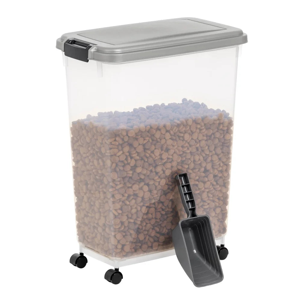Airtight Pet Food Container 37.5L with Scoop Durable Storage Bin Dog Cat Easy Access Clear Body Wheeled Design