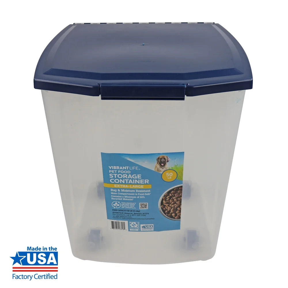 Extra-Large Plastic Pet Food Storage Container with Locking Lid Roller Wheels Bug Moisture Resistant Food Safe 50 lb Capacity