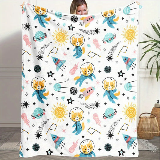 1 fluffy space cat and rocket print flannel blanket - warm and cozy, perfect for sofas, offices, beds, camping, and Christmas.
