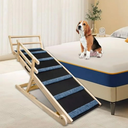 Wooden Dog Ramp for Bed 5 Level Adjustable Ramp for Dog Doulbe AntiSlip Pet Ramp with Rails