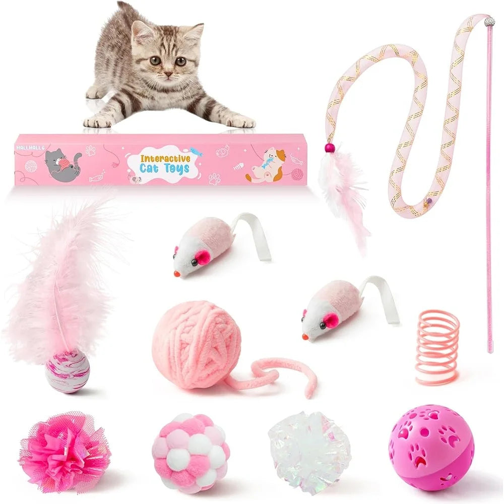 10Pcs Interactive Cat Toy Set Teaser Wand Mice Bell Balls Crinkle Balls Springs Indoor Play Cats
