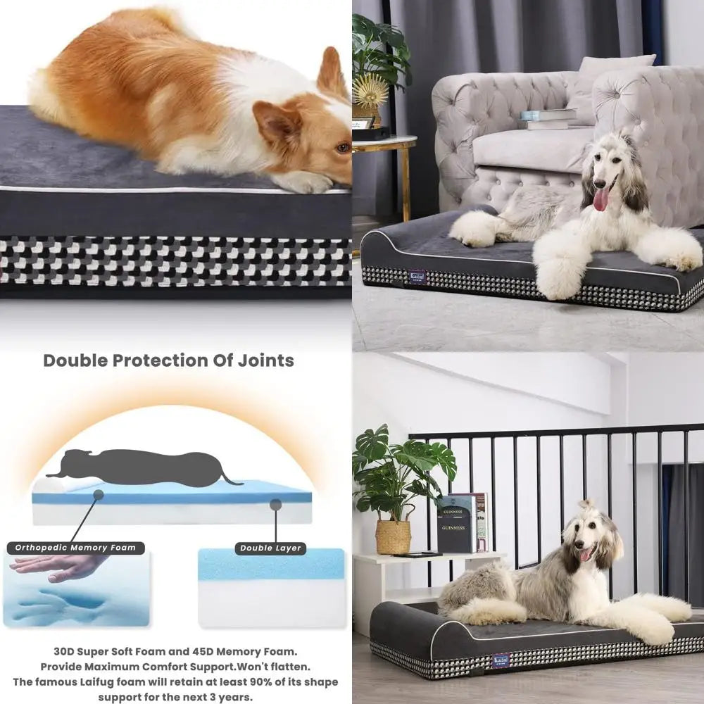 Large Orthopedic Dog Bed with Pillow, Waterproof Liner & Washable Cover, Black and White Plaid