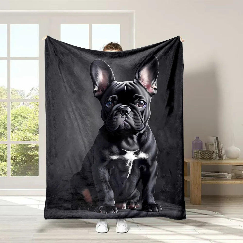 Flannel Fleece Throw Blanket with Cute Black French Bulldog Print - Digital Printing, Reversible, Soft Polyester, Non-Shedding,