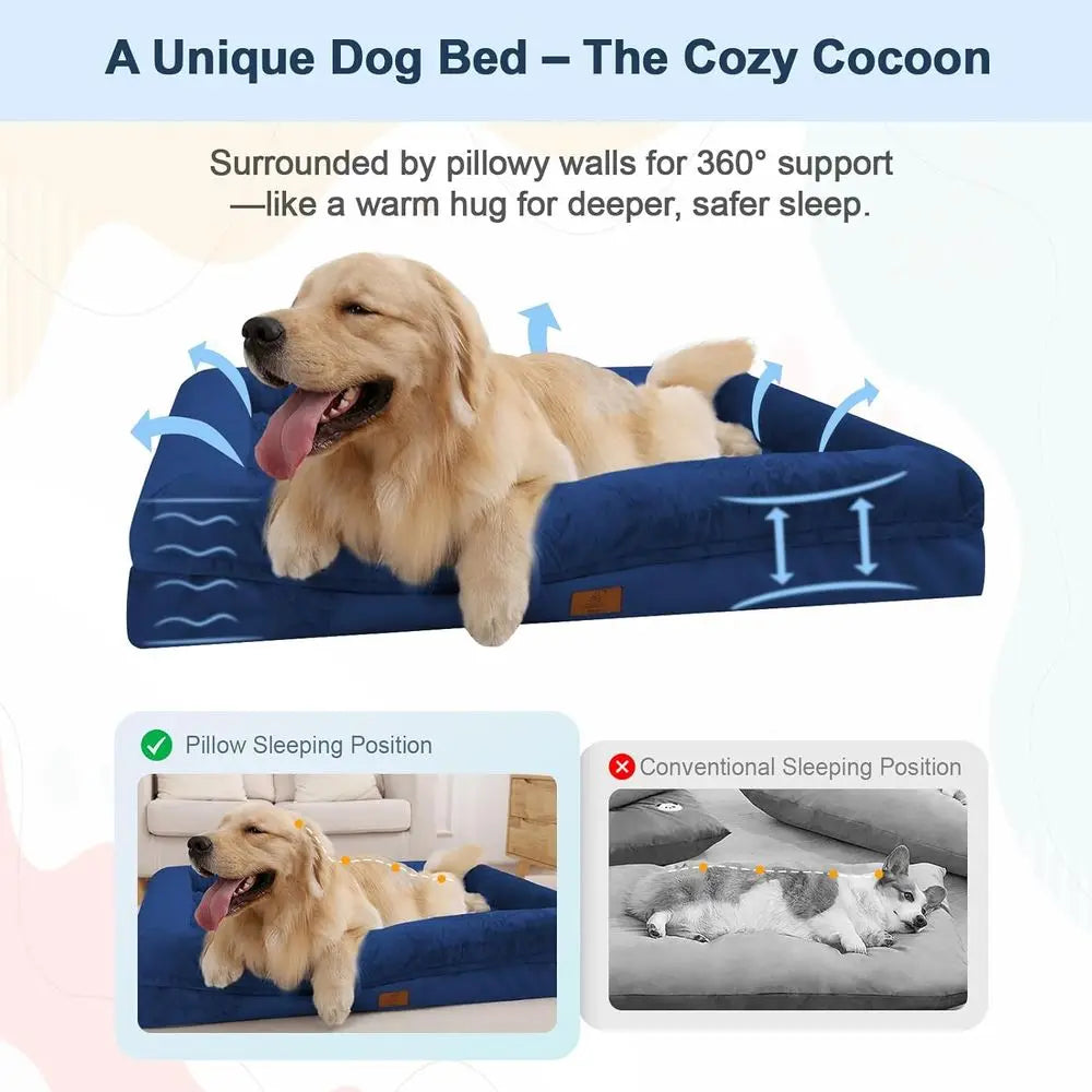 Large Dog Orthopedic Waterproof Bed with Removable, Washable Bolster and Non-Slip Base, Blue