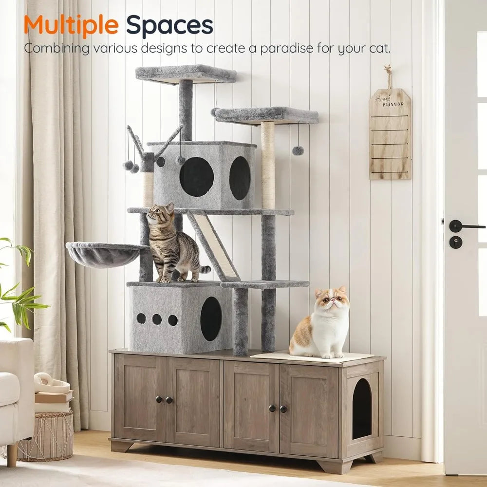 Double Litter Box Enclosure with Cat Tree, 45.3"L x 17.7"W x 68.9"H All-in-One Modern Cat Tower with Cat Bed, Hidden Litter Box